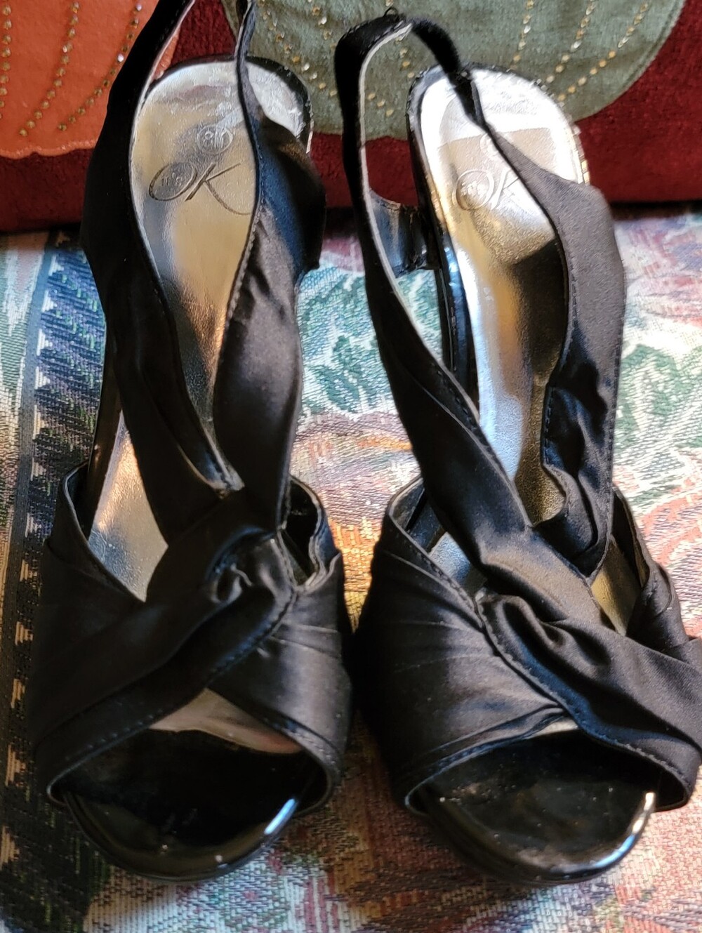 It's OK-Black Satin Knot Peep-Toe Slingback Heels - Women